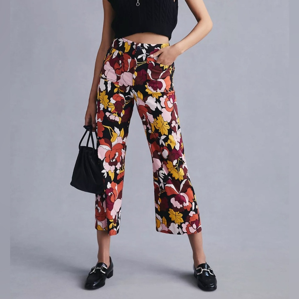Anthropologie Maeve The Colette Cropped Wide-Leg Pants Floral Mod Size 27 Linen - Picture 4 of 11